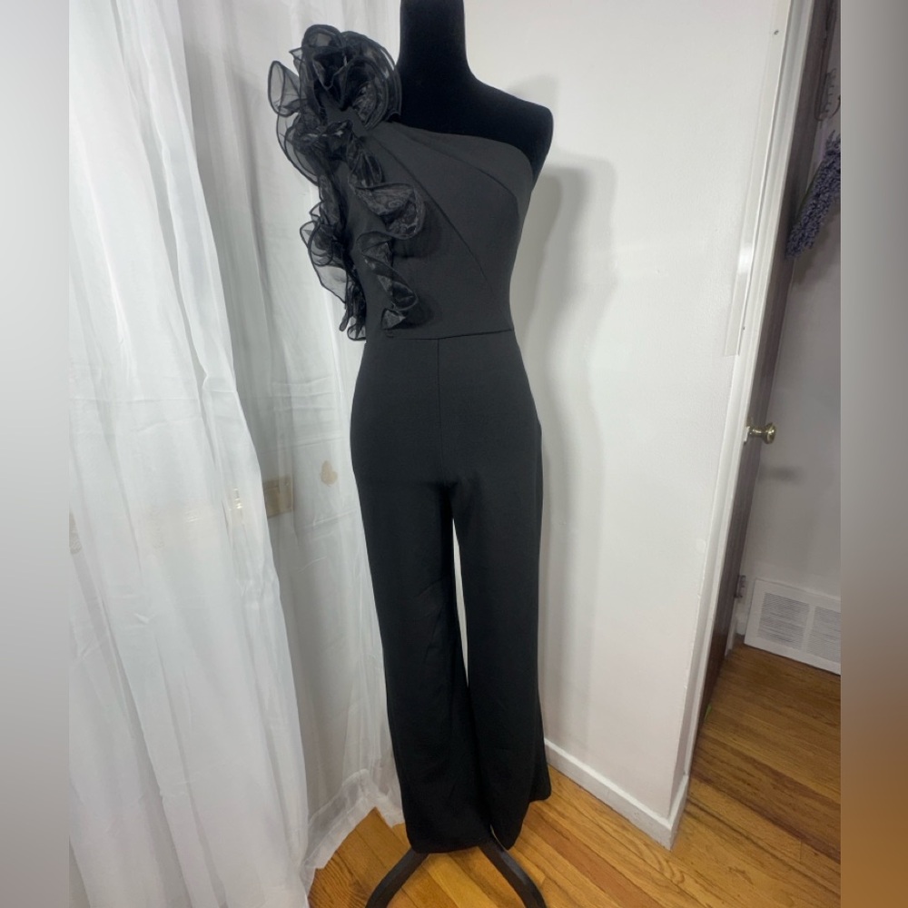Chic Black One-Shoulder Jumpsuit with Ruffle Detail